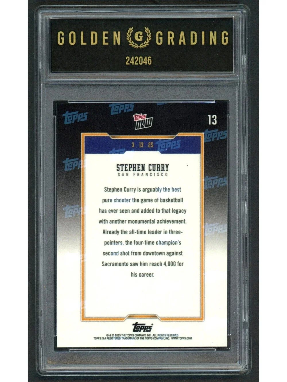 2024-25 Topps Now #13 Stephen Curry 4000 3-Pointers Graded Gem Mnt 10
